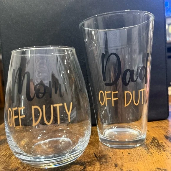 Mom and Dad Off Duty Glass Set Wine & Beer Perfect Gift! - Picture 2 of 5